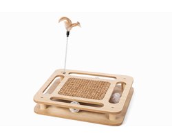 Houten Kattenkrabplank met Speelballen en Verenstok – Sisal Krabmat – Interactief Krabspeelgoed – Naturel – 29,8 x 29,8 cm