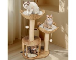 Houten Krabpaal Hoog met 2 Manden - Stabiele Kattenboom 99 cm Sisal Klimboom voor Elke Kat