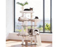 Krabpaal: Houten Krabpaal - Katten condo - Katten spel - Geïntegreerd interieur design - 50 x 40 x 156 cm - Greige