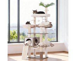 Krabpaal: Houten Krabpaal - Kattenboom Condo - Kattenvermaak - Geïntegreerd Interieur Design - 50 x 40 x 156 cm - Greige
