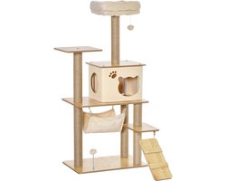 Krabpaal: Houten krabpaal met kattenhol - jute palen - groot platform - speelballen - 130 cm hoog - stabiel - pluche - geel - 60 x 40 x 130 cm
