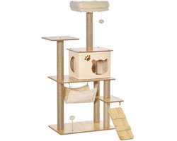 Houten krabpaal met klimrek en kattenhol, jute stammen, speelballen, geel, 60x40x130cm