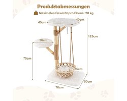 Houten krabpaal voor katten – 123 cm met hangschommel, pluche platforms en jute krabzuilen