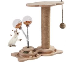 HTML Content - Kattenkrabpaal van hout - Interactief kattenspeelgoed - 4-in-1 - Kattenvoerdispenser - Sisaltouw - Voor volwassenen en kittens - Hoogte 46 cm Krabpaal