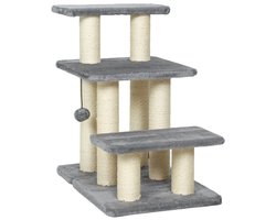 Krabpaal: Huisdierentrap 3-traps Met krabpaal en speelbal Stabiele antislip constructie Verstelbare traphoogte Zacht pluche loopvlak Geschikt voor kleine honden en katten Voor gebruik bij bed en bank 52×34,5×54 cm Grijs