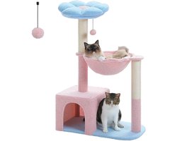 Krabpaal: Hutjemutje - krabpaal - kattenboom - kattenmand - bloemen zitting - met hangmat - pluche - 93x62x34 cm - met sisal - roze & blauw