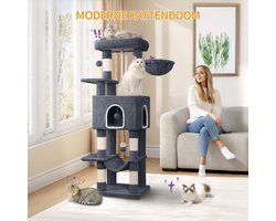 Krabpaal: Hzuaneri 149 cm krabpaal, kattenboom met grote platforms, krabpaal voor katten met grote schuilplaats voor kleine ruimtes, sisal naturel, Pompons, Donkergrijs