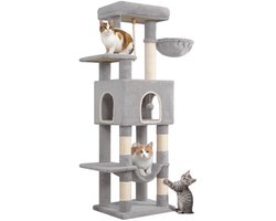 Krabpaal: Hzuaneri 149 cm krabpaal, kattenboom met grote platforms, krabpaal voor katten met grote schuilplaats voor kleine ruimtes, sisal naturel, Pompons, Lichtgrijs