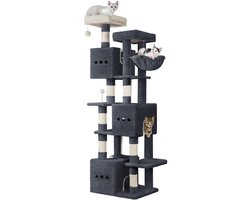 Krabpaal: Hzuaneri 193 cm Hoge Kattenklimpaal, Moderne Kattenboom, met 7 Lagen, 2 Uitkijkplatforms, 3 Grotten, 2 Kattenmanden, en Speeltjes Sisal, Donkergrijs, Grote kattentoren voor binnen katten, 7 krabpalen, 1 mand, pompons, wasbaar kussen