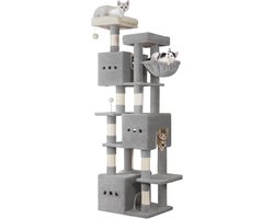 Krabpaal: Hzuaneri 193 cm Hoge Kattenklimpaal, Moderne Kattenboom, met 7 Lagen, 2 Uitkijkplatforms, 3 Grotten, 2 Kattenmanden, en Speeltjes Sisal, Lichtgrijs