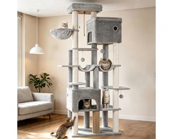 Krabpaal: Hzuaneri 200cm Grote Kattenboom, XXL Krabpalen met 2 Condooms en 10 Sisal, Zware Kattentoren Voor Maine Coon, Inclusief 2 Hangmatten, Lichtgrijs
