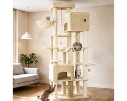 Krabpaal: Hzuaneri 200cm Grote Kattenboom, XXL Krabpalen met en 10 Sisal, Zware Kattentoren Voor Maine Coon, Inclusief 2 Hangmatten, 78 x 50 x 200 cm,Beige