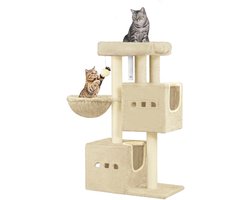 Krabpaal: Hzuaneri 98 cm Krabpaal, kattenboom, kleine krabpaal met meerdere verdiepingen met zitstang, kattenhuismeubel met 2 holten, sisal kattenkrabpaal, hangmat, hol, Beige