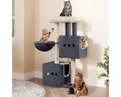 Krabpaal: Hzuaneri 98 cm Krabpaal, kattenboom, kleine krabpaal met meerdere verdiepingen met zitstang, kattenhuismeubel met 2 holten, sisal kattenkrabpaal, hangmat, hol, Donkergrijs