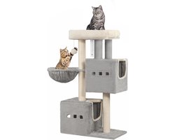 Krabpaal: Hzuaneri 98 cm Krabpaal, kattenboom, kleine krabpaal met meerdere verdiepingen met zitstang, kattenhuismeubel met 2 holten, sisal kattenkrabpaal, hangmat, hol, Lichtgrijs