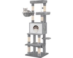Krabpaal: Hzuaneri Grote krabpaal, 166 cm hoog, met 8 krabpalen, verwijderbare en wasbare mat, 1 grot, 2 platforms, 1 kattenmand, hangmat en 2 pluche ballen, grijs