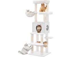 Krabpaal: Hzuaneri Grote krabpaal, 166 cm hoog, met 8 krabpalen, verwijderbare en wasbare mat, 1 grot, 2 platforms, 1 kattenmand, hangmat en 2 pluche ballen, wit
