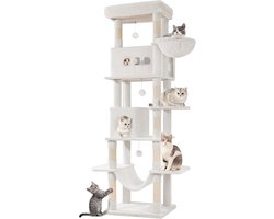 Krabpaal: Hzuaneri Grote krabpaal, 210 cm hoog, met 8 krabpalen, 2 manden, grote platforms, wasbare mat, hangmat, pluche ballen, krabpaal met meerdere verdiepingen, cr&egrave;mewit