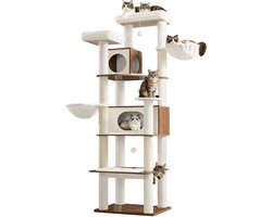 Krabpaal: Hzuaneri Kattenboom, 208 cm Kattenkrabpaal in Meubelstijl, Wit en Bruin, Klimtoren met Meerdere Niveaus, Grote Grot en Hangmat, 2 Zitplaatsen Bovenaan, 5 Sisalstokken, 2 Mandjes, Pompons