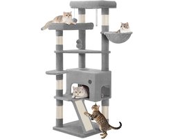 Krabpaal: Hzuaneri Krabpaal 153 cm kattenboom, ruim en stabiel, met 6 krabpalen, 1 comfortabel groot kattenhuis, 3 grote platforms, kattenmand, pompons, scratching board, lichtgrijs