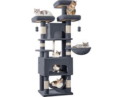 Krabpaal: Hzuaneri krabpaal, 156 cm lang, 3 platforms, 2 holen, 7 krabpalen, hangmat, pluche ballen, krabpaal voor huishoudens met meerdere katten, donkergrijs