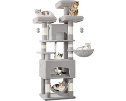 Krabpaal: Hzuaneri krabpaal, 156 cm lang, 3 platforms, 2 holen, 7 krabpalen, hangmat, pluche ballen, krabpaal voor huishoudens met meerdere katten, lichtgrijs