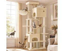 Krabpaal: Hzuaneri Krabpaal, 185 cm XL Krabpaal met 10 krabpalen, 2 holen, 2 hangmatten, groot platform, kattenborstels, mandje, robuuste krabpaal voor Maine Coons en grote katten, beige