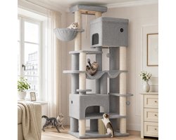 Krabpaal: Hzuaneri Krabpaal, 185 cm XL Krabpaal met 10 krabpalen, 2 holen, 2 hangmatten, groot platform, kattenborstels, mandje, robuuste krabpaal voor Maine Coons en grote katten, lichtgrijs