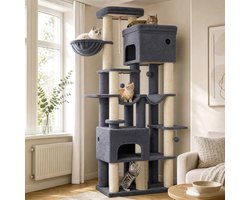Krabpaal: Hzuaneri krabpaal, 185 cm XL krabpaal met 10 krabpalen, 2 manden, 2 hangmatten, groot platform, kattenborstels, mand, robuuste krabpaal voor Maine Coons en grote katten, donkergrijs