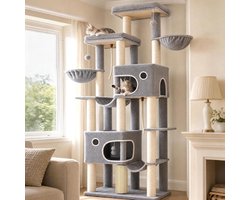 Krabpaal: Hzuaneri krabpaal, 213 cm XXL, 2 extra grote platforms, 2 grote manden, 10 krabpalen, 2 hangmatten, mandje, kattenborstels, pompons, geschikt voor Maine Coon katten, lichtgrijs