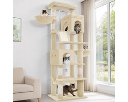 Krabpaal: Hzuaneri Krabpaal groot, 213 cm hoog, XXL kattenboom, 2 platforms, 2 holen, 5 krabstammen, krabplank, kattenmand, hangmat, geschikt voor alle kattenrassen, Maine Coon, beige