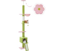 In hoogte verstelbare krabpaal voor katten - bloemdesign - 216-273cm - hangmat en kattenmandje - groen en roze