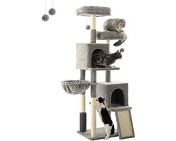 Indoor kattenkrabpaal 156 cm, krabpaal met sisal trap, 2 platforms, 2 holletjes, hangmat, grotten, pluche ballen, lichtgrijs