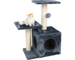Intirilife krabpaal met 70 cm hoogte in grijs - Stevige kattenkrabpaal klimboom op meerdere niveaus met uitkijkplatformen, grotten, pluche pom-poms en sisal krabpalen