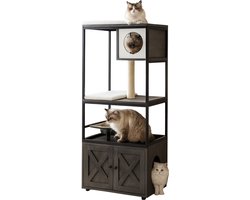 Jessi Store - Krabpaal voor katten - 3 in 1 - Kattenbak meubel - Kattenhuis - Met voerbak - Kattenbak kast - 61x50x146cm