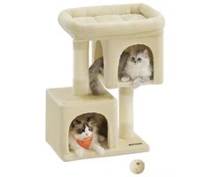 J&R Krabpaal - Kattenboom - Kattenhuis - 2 Huisjes - Ligkussen - Dubbele krabpaal - Geel - 60x39x74cm
