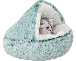 Kalmerend Kattenbed - Fluffy Pluche Kattenbed - Wasbaar Angst Verlichtend Puppybed - Dierenbed voor Binnenkatten en Kleine Honden - Zacht en Warm Katten Donut Bed (M-50 cm, Groen)