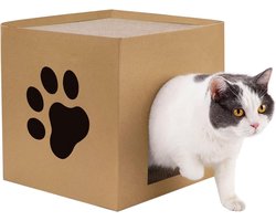 Kartonnen krabpaal met krabkussens en huis - Kattenbox en kattenbed voor binnen - Schuilplaats voor kat en konijn - Kleine dieren (30x30x30cm)