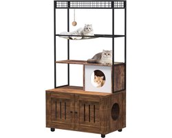 Kast voor Katten – 80x48x152 cm – Grote Krabpaal Kast met Houten Kattenbakmeubel, Opbergvak, Grot, Hangmat & Speelbal – Metalen Frame – Dubbele Deur