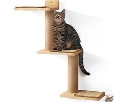 Katten Klimbord Wandmontage - Natuurlijk Rubberhout - Kattentrap met Jute Krabpaal - Zitplek en Platform Accessoires