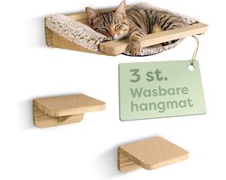 Wandmeubel: Katten Klimmuur Set - Wandmeubel Kat - Speelplezier & Rust - FSC Grenenhout - 40x31x10cm - Beige