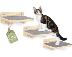 Wandmeubel: Katten Klimwand - Kattentrap Muur - Spelen en Rusten - Set van Drie - XL - Houtkleur
