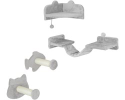 Wandmeubel: Katten Klimwand Set - 4 Delen - Met Sisal Trappen & Platformen - Lichtgrijs/Crèmekleurig