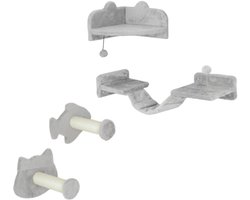 Wandmeubel: Katten Klimwand Set 4-delig, Wandgemonteerde Kattenplank met Sisal Treden, Dubbele Platformen, Krabpaal en Speelbal, voor Katten tot 5 kg, Lichtgrijs/Crèmewit