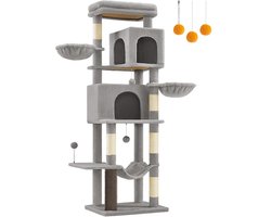 Katten krabpaal 175 cm - krabpaal hoog - groot kattenboom met meerdere niveaus - 5 krabpalen - kattenborste -, groot platform - duifgrijs