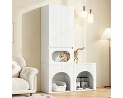 Krabpaal: Kattenbakkast voor 2 kattenbakken - Met krabpaal en rustplek - Hoge opbergkast voor kattenbenodigdheden - Wit MDF - 140 x 45 x 195 cm