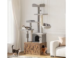 Kattenbakmeubel met Krabpaal en Hangmat - 2-in-1 Modern Kattenmeubel, Verborgen Kattenbak Omkasting met Kattenboom, Meerdere Ligplekken, Krabpaal & Transparante Hangmat - Rustiek Bruin -60x48x165CM