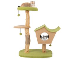 Kattenboom 110 cm met Gevoerde Kennel Kattennis Krabpaal Springplatform Zware Voet Houten Kattentoren met Hangende Ballen