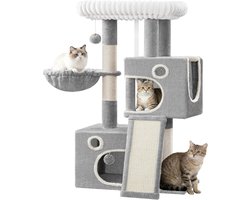 Krabpaal: Kattenboom 113 cm - Kattentoren voor Binnen - Krabhelling met 2 Grotten en Groot Platform - Lichtgrijs - Meerlayerig Kattenmeubel met Krabpalen & Pompon