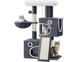 Krabpaal: Kattenboom 113 cm - Meerlayerig Kattentoren voor Binnen met Krabhelling, Krabpalen, 2 Grotten, Groot Platform en Pompon - Donkergrijs